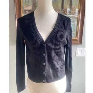 Boden Womens Black Ribbed V-Neck Button Front Cardigan Sweater Size L